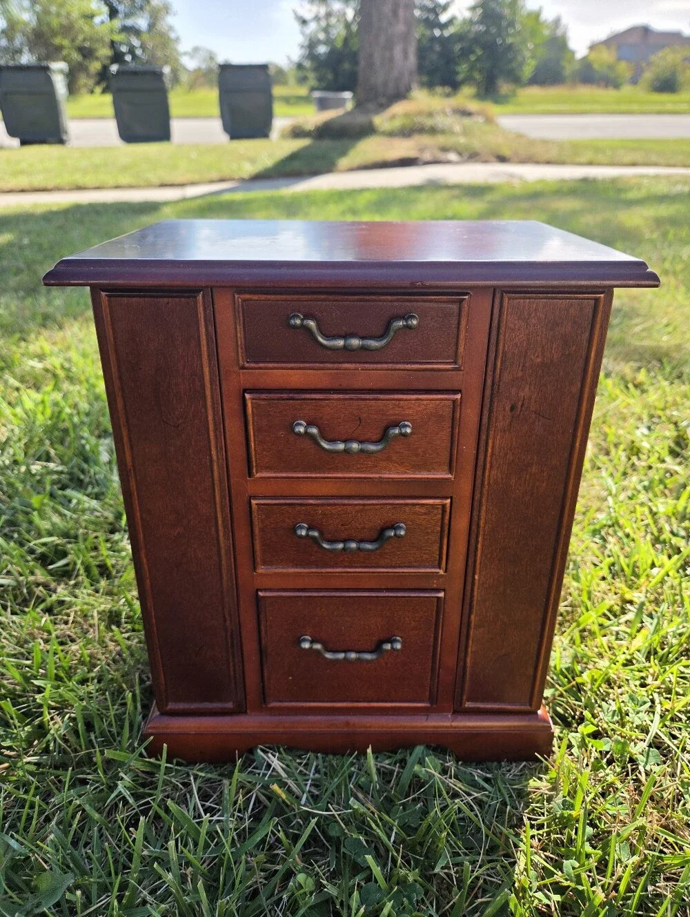 Vintage 1987 The Bombay Company Wooden Jewelry Armoire Box | Green Velvet Lined